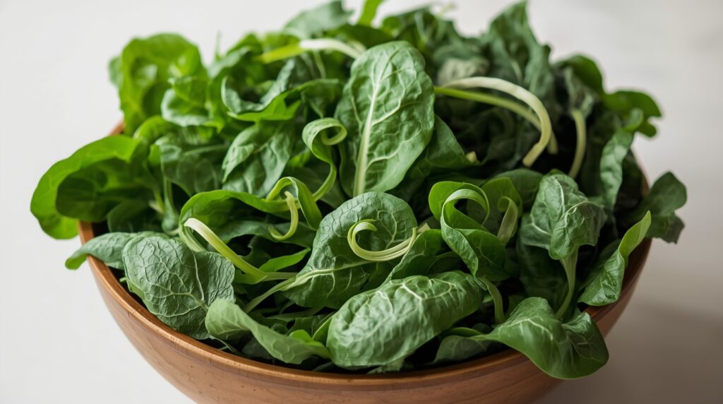 Bowl of fresh spinach and kale leaves.