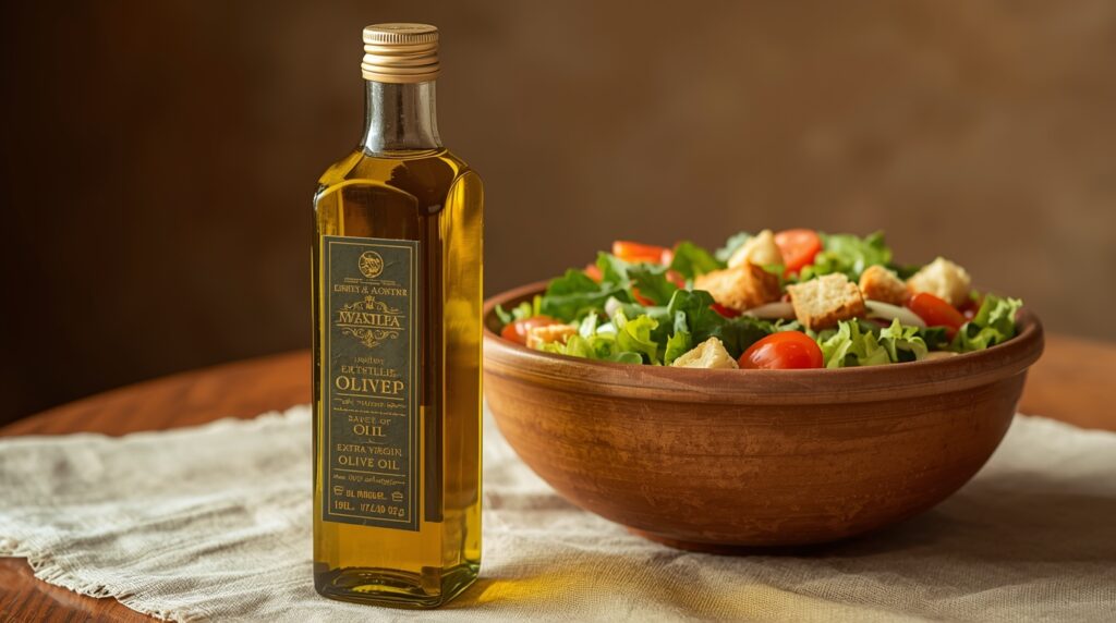 Bottle of extra virgin olive oil beside a salad bowl.
