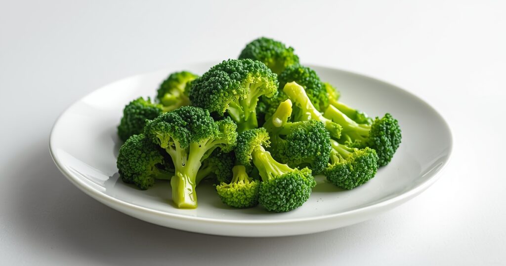 Steamed broccoli on a white plate.