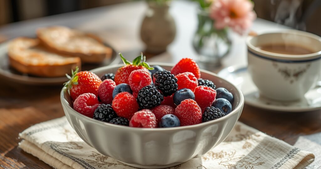 Bowl of mixed berries on a breakfast table.