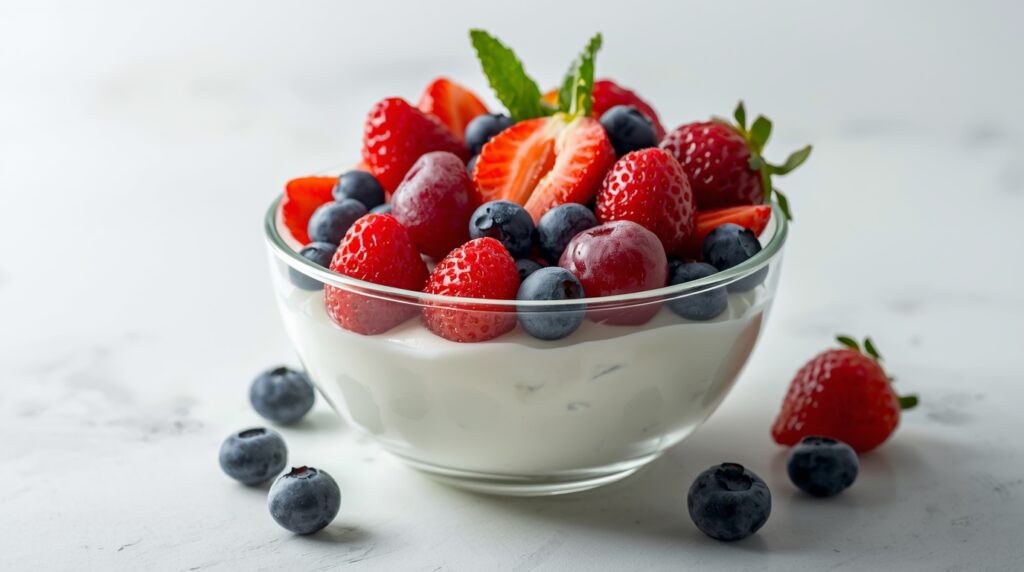 Bowl of yogurt topped with fresh berries.