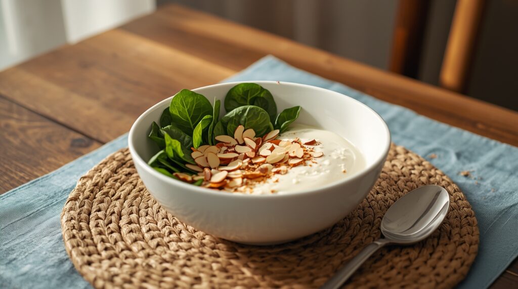 A bowl of yogurt topped with almonds and spinach leaves on a breakfast table.
