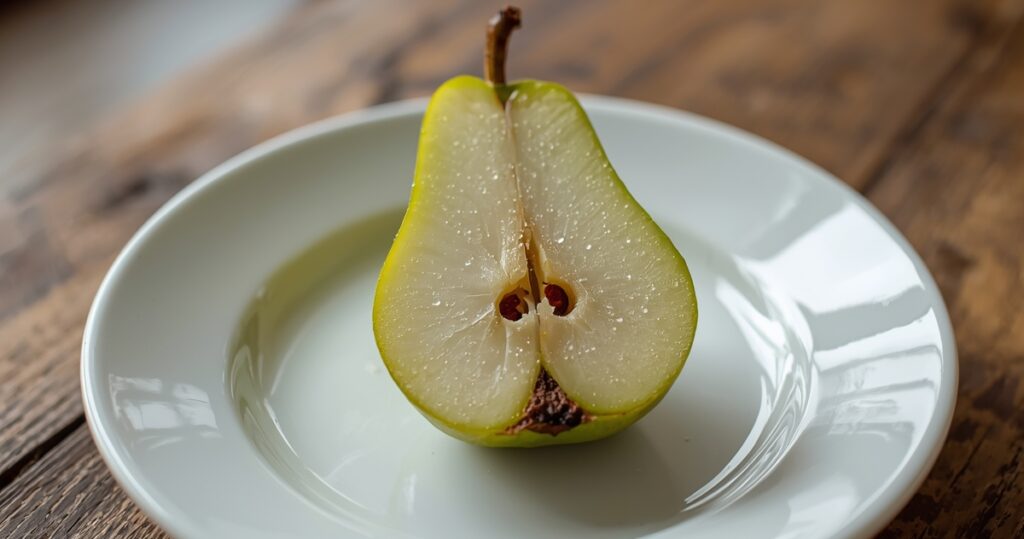 Fresh green pear sliced in half on a plate.