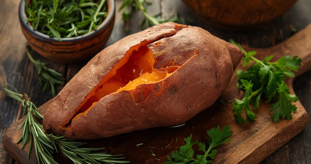 Baked sweet potato served with herbs.