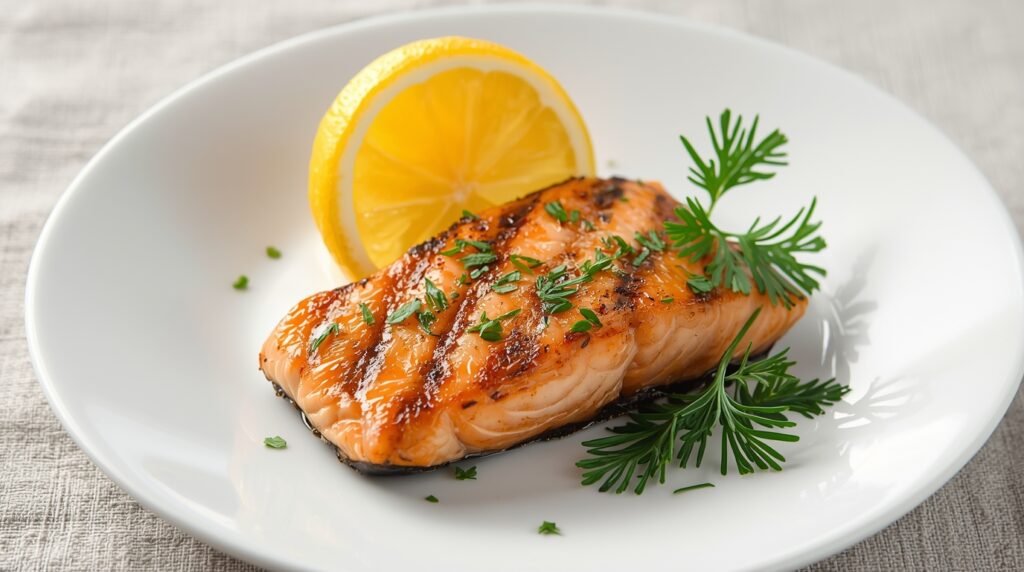 Grilled salmon fillet with lemon and herbs on a plate