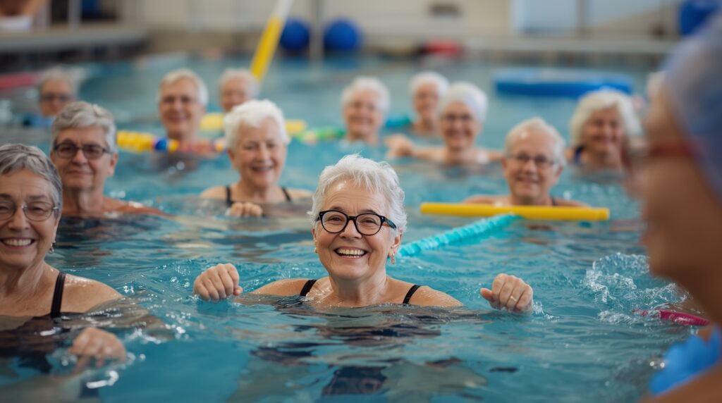 Group of seniors smiling while exercising in a swimming pool.