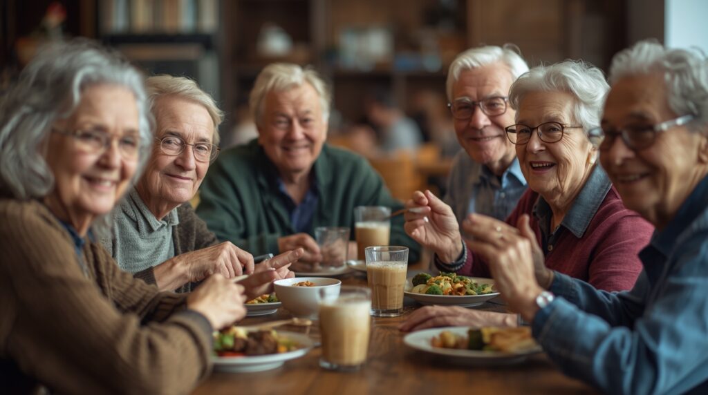 Group of seniors smiling and enjoying a meal together.