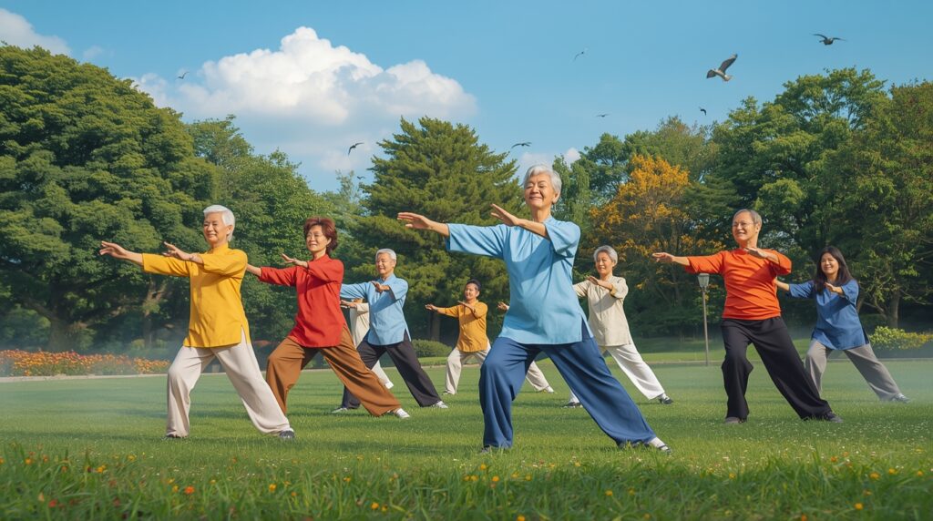 Senior group practicing Tai Chi in an outdoor park.