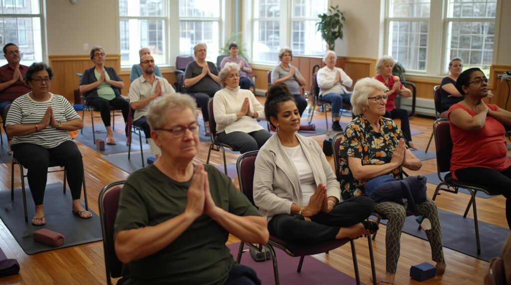 Senior group practicing yoga with chairs in a community center.