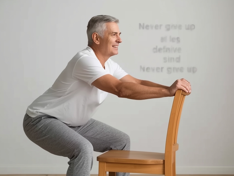 Senior performing chair squats for leg strength and mobility”