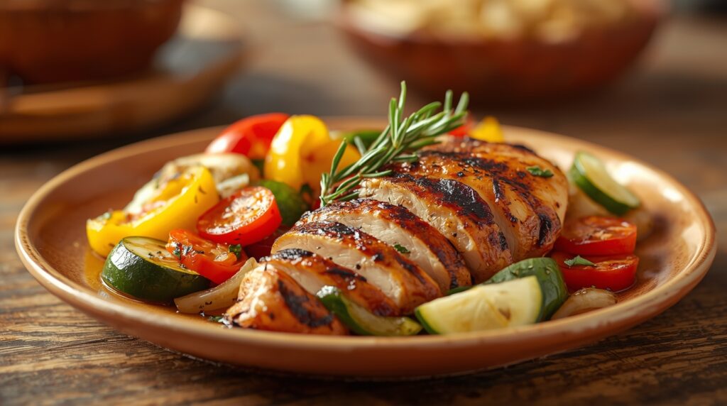 Grilled chicken and vegetables on a plate.