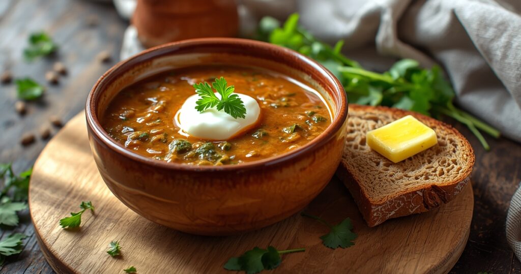 Warm lentil soup in a bowl with bread on the side.