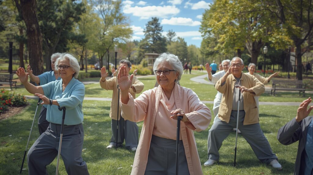 Group of American seniors practicing Tai Chi in a park.