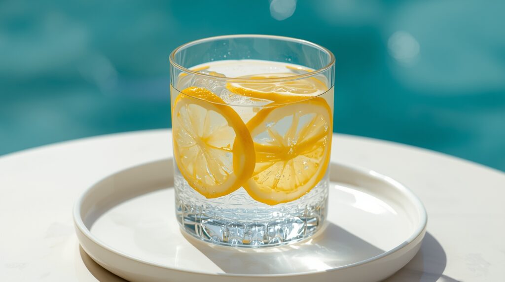Glass of water with lemon slices.