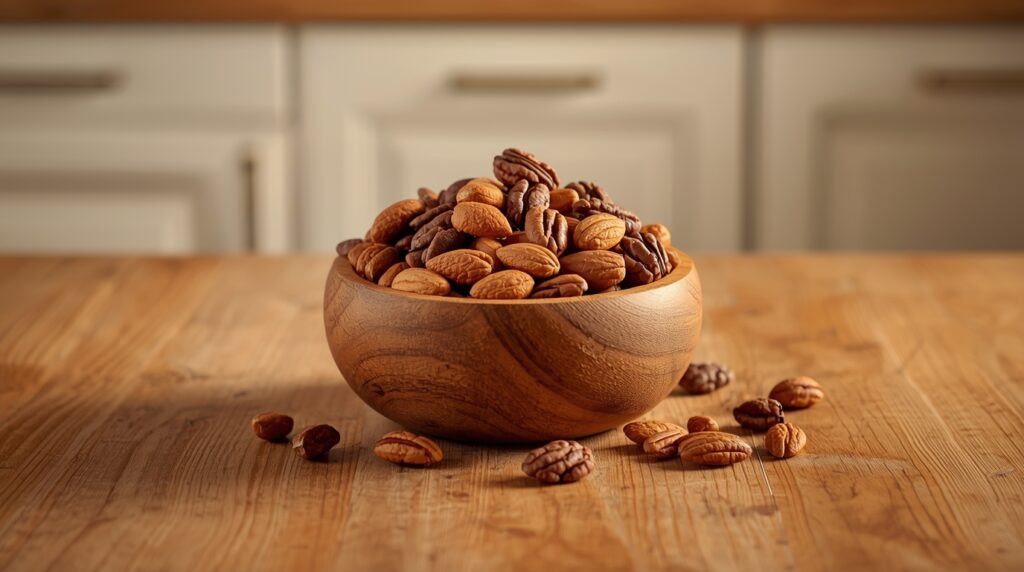 Mixed nuts in a wooden bowl on a kitchen table.