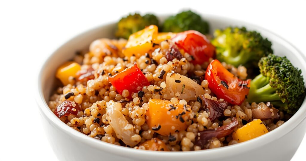 Cooked quinoa served with roasted vegetables.