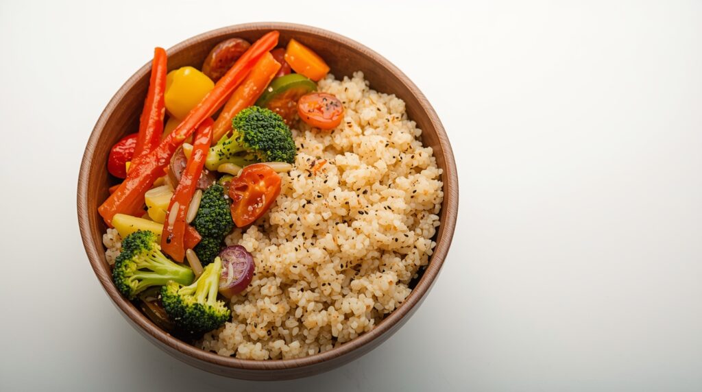 Cooked quinoa with vegetables served in a bowl.