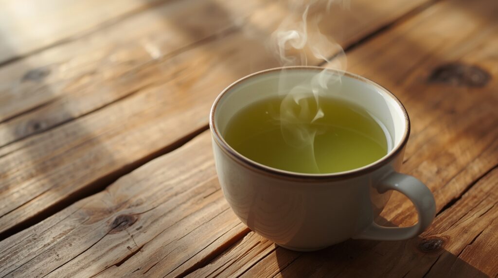 Hot cup of green tea with steam rising on a wooden table.