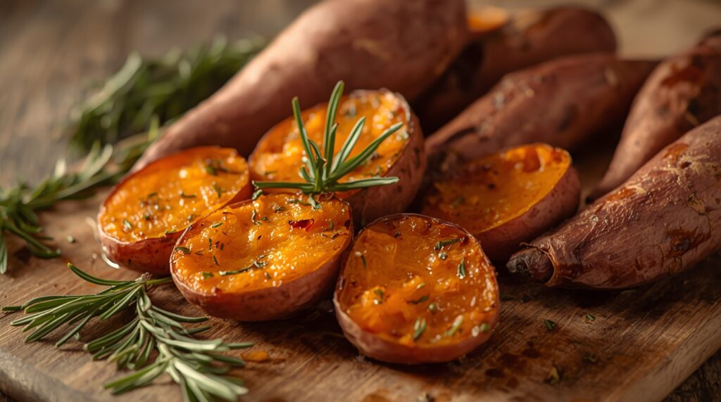 Oven-roasted sweet potatoes with rosemary garnish.