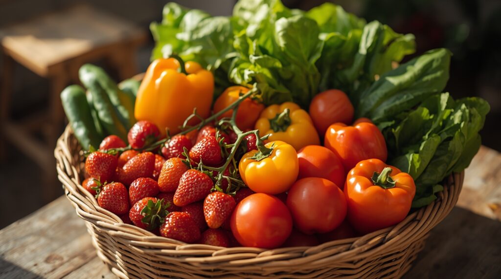 Basket of colorful fruits and vegetables.