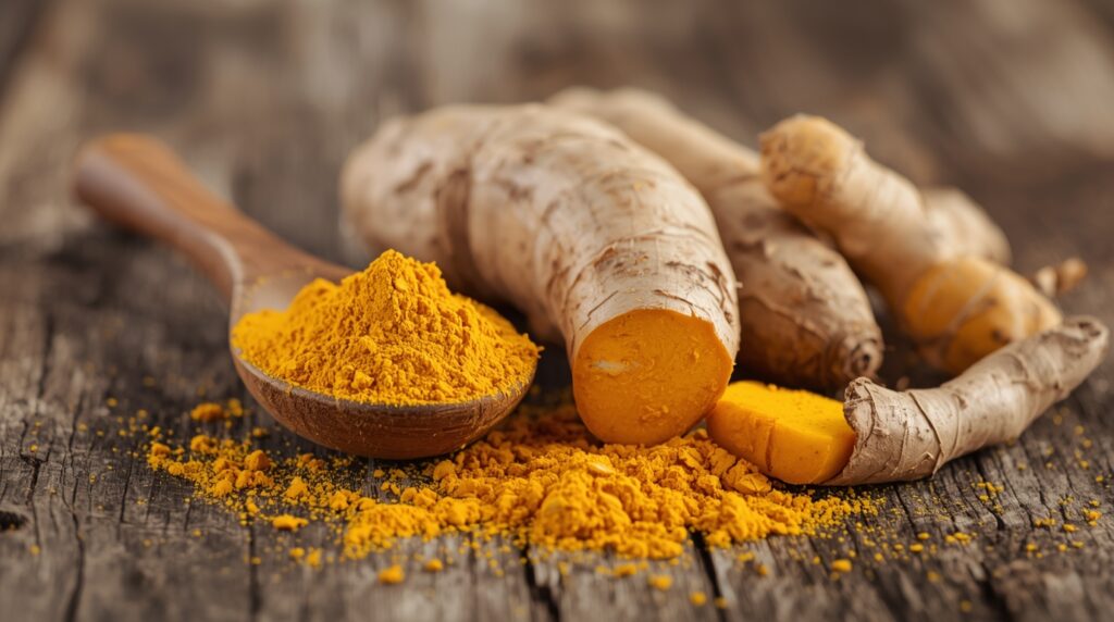 urmeric powder in a wooden spoon next to fresh root.