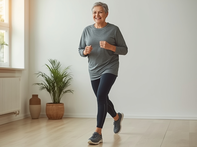 Active senior walking in place for joint flexibility