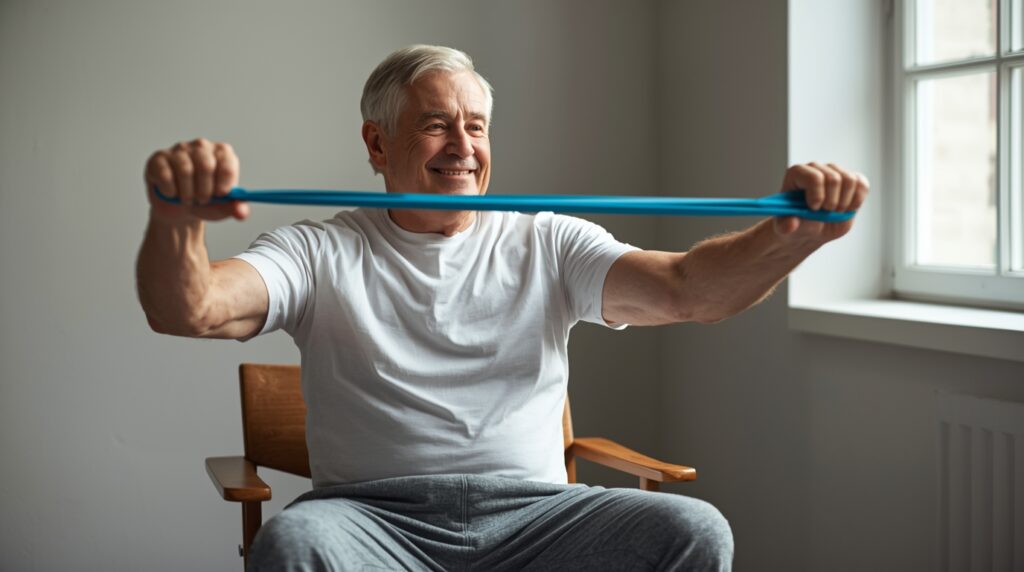 Older man sitting on a chair, stretching a resistance band.