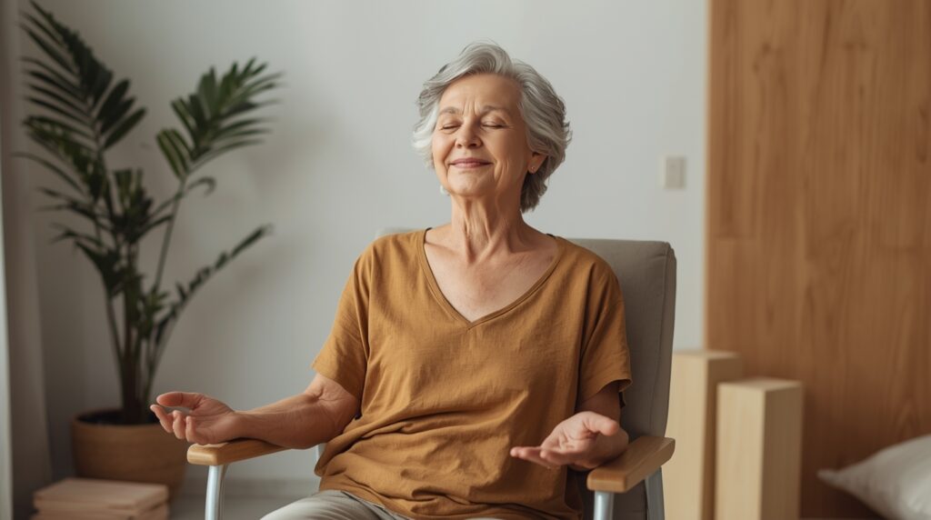 An older woman doing gentle chair yoga at home.