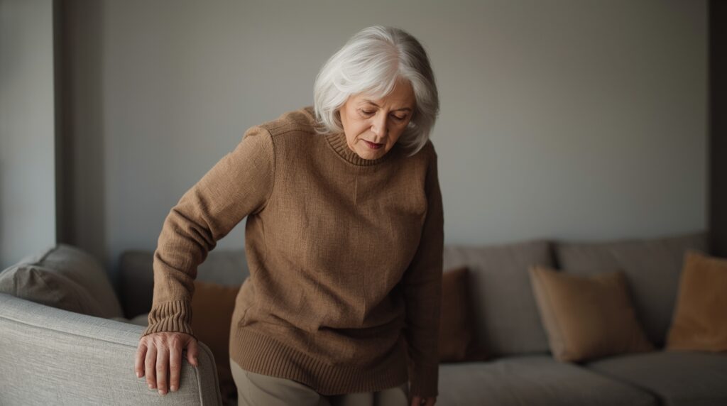 Elderly woman balancing her weight on one foot in a calm living room.