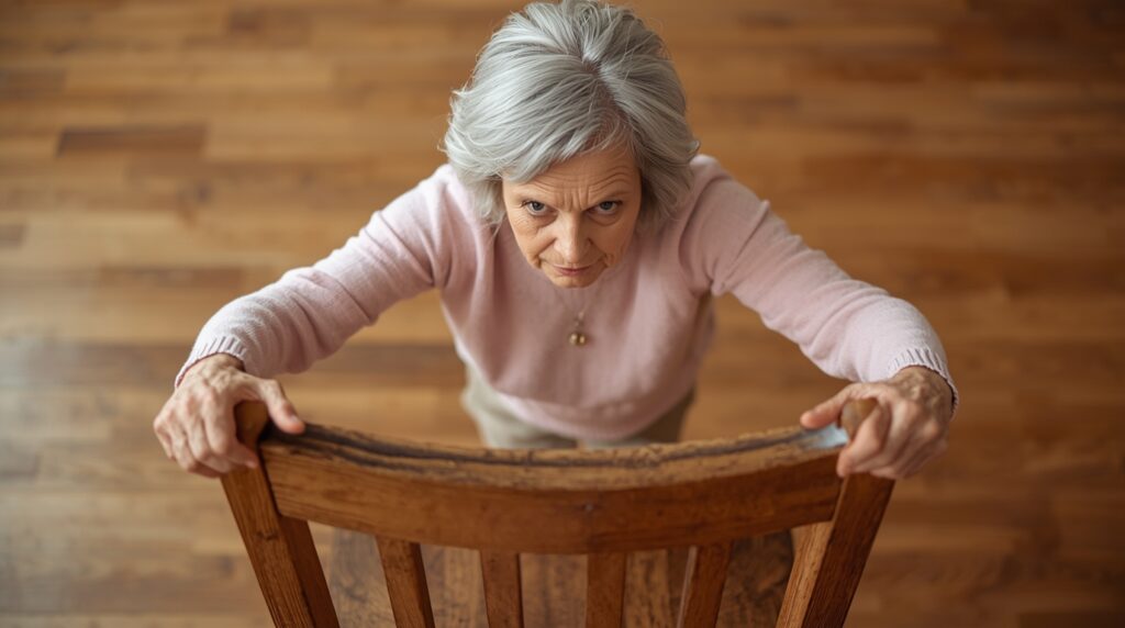 Elderly woman practicing a single-leg stand while holding a chair.