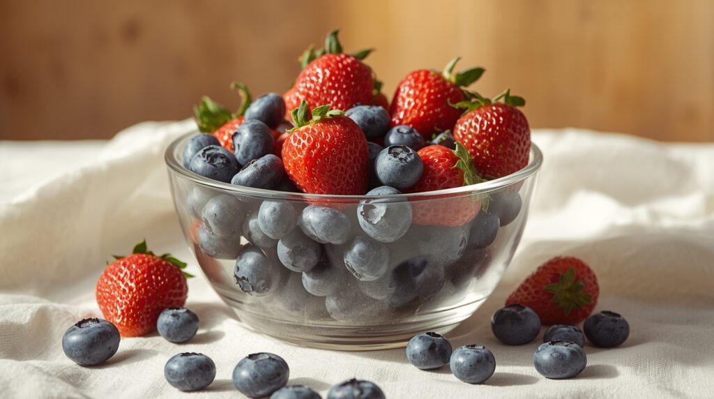 Fresh blueberries and strawberries in a glass bowl.