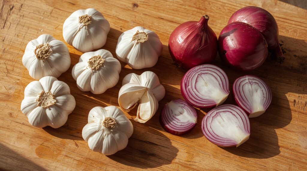 Fresh garlic bulbs and red onions placed on a cutting board.