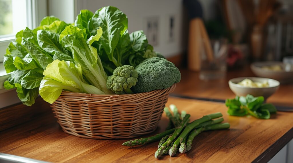 Fresh green vegetables on a kitchen counter, ready for cooking.