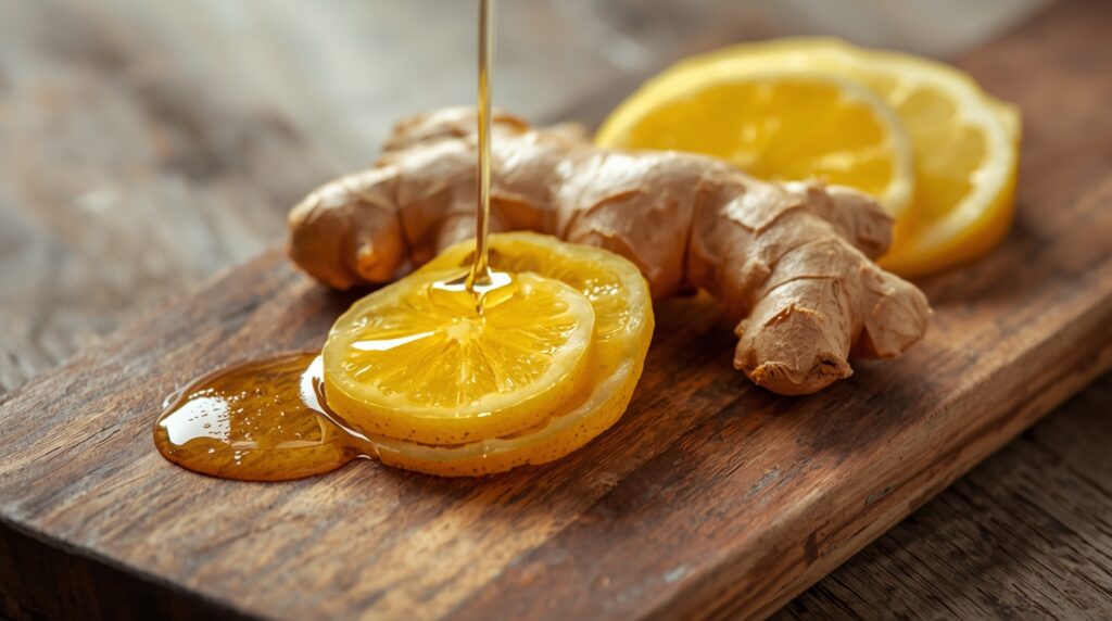 Fresh ginger slices with honey and lemon on a tray.