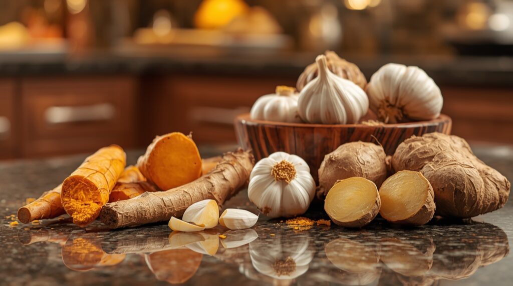 Fresh turmeric, garlic, and ginger on a kitchen counter.