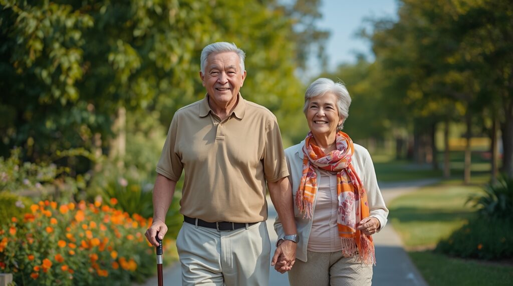 Senior couple enjoying a morning walk in the sunshine.