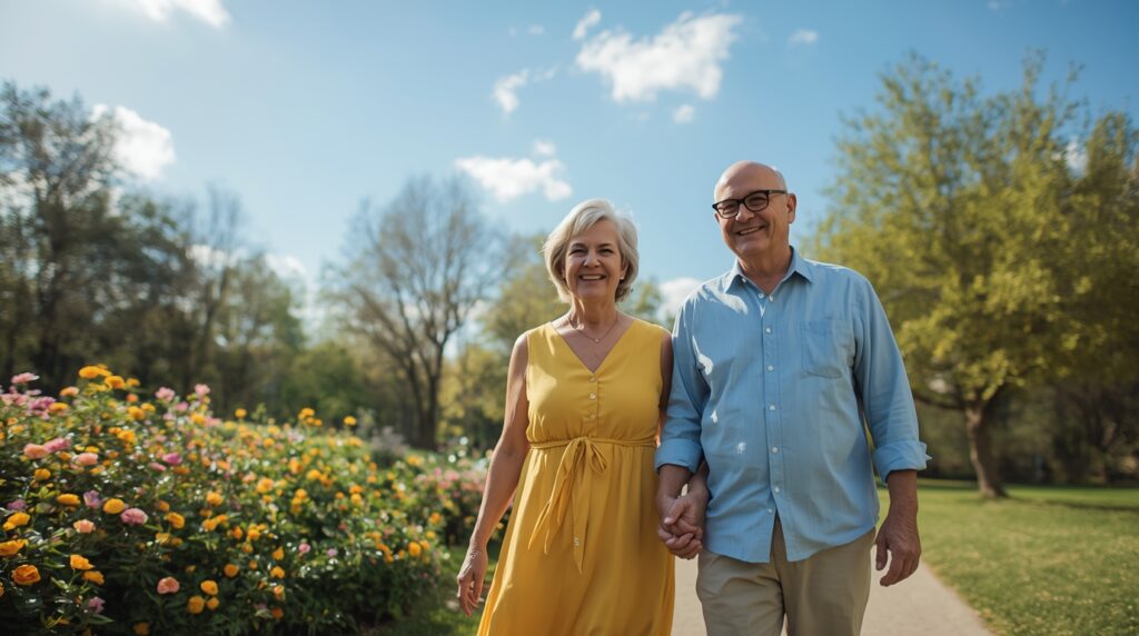 Senior couple walking together in a park on a sunny morning