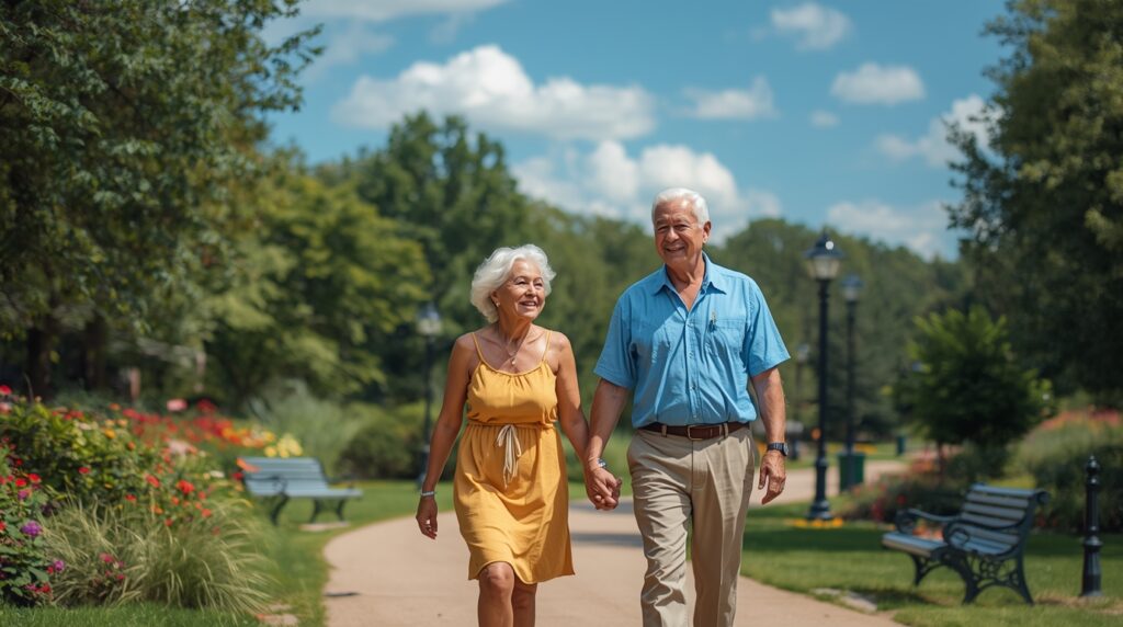 Senior couple walking in a park.