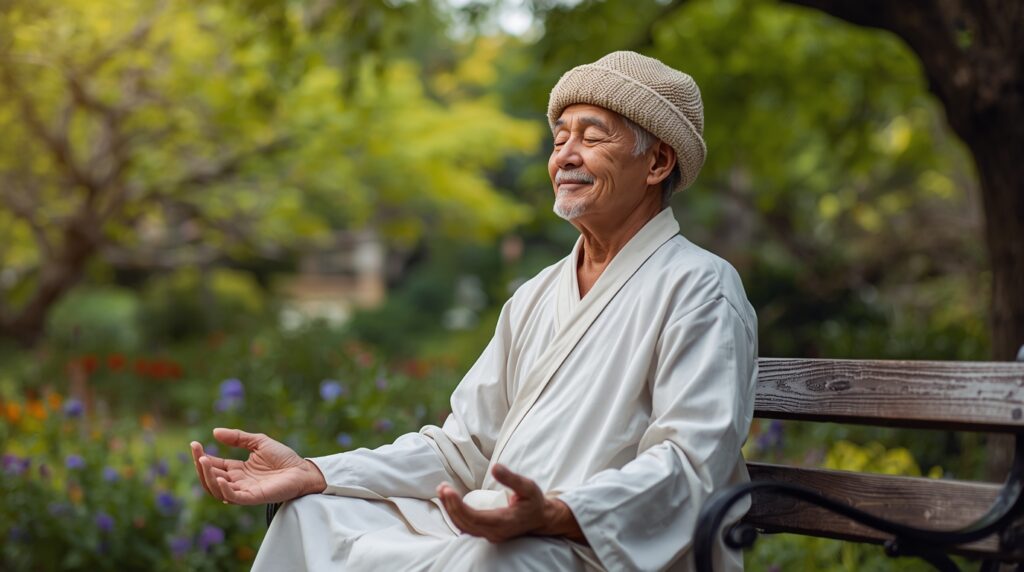 Senior man meditating outdoors in a garden.