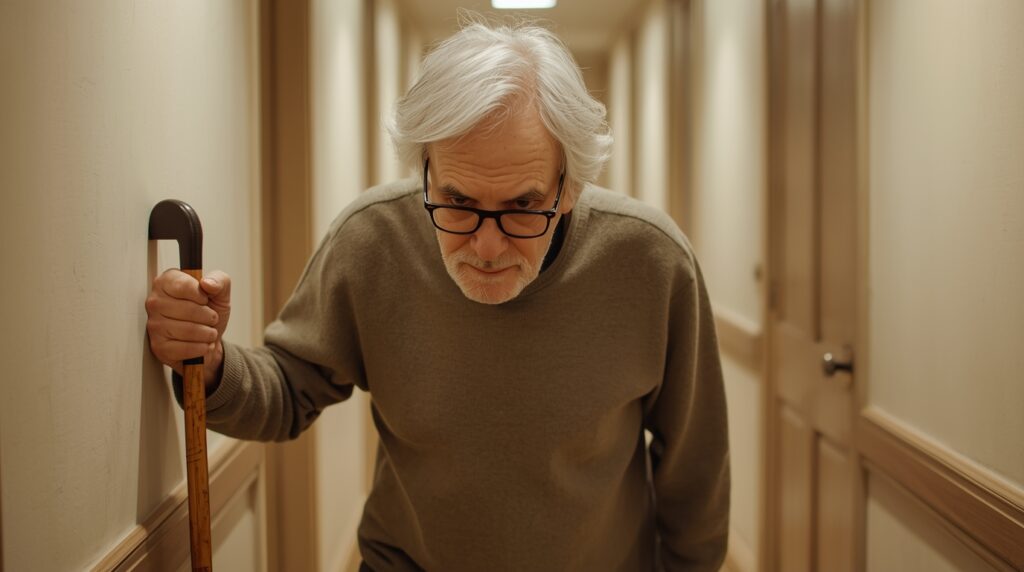 Senior man walking heel-to-toe along a hallway, using a wall for support.