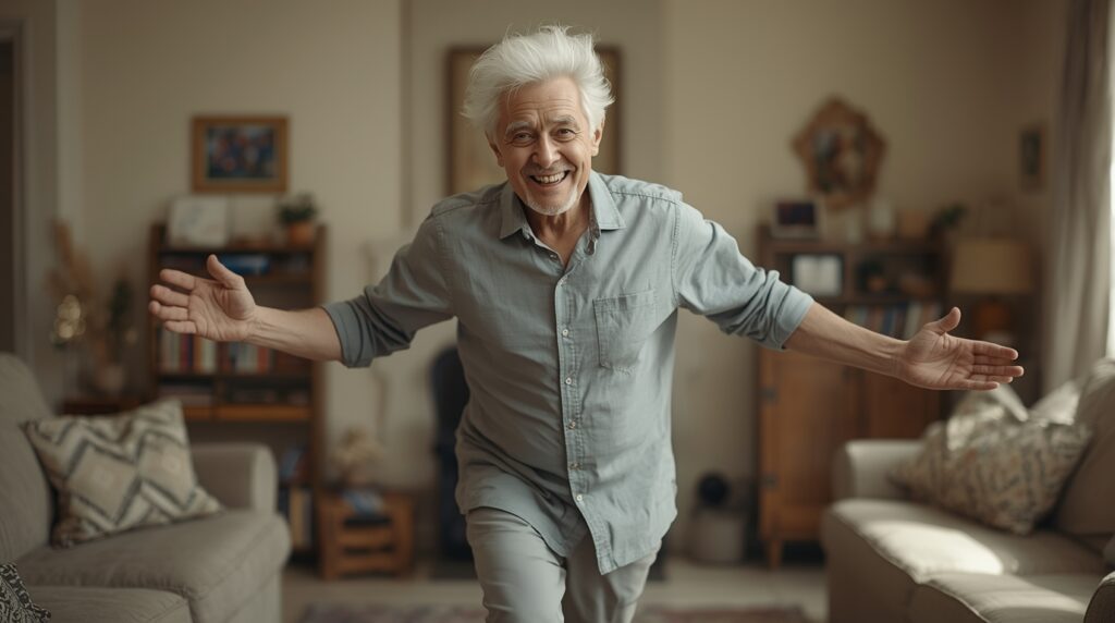 Senior man marching in place in his living room while smiling.