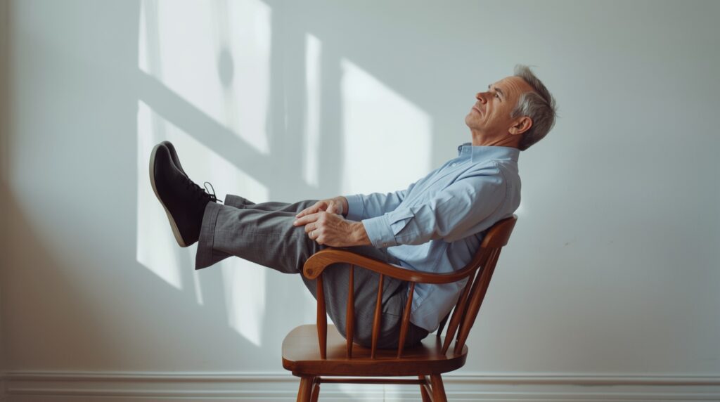 Senior man practicing sit-to-stand exercises in a kitchen chair.