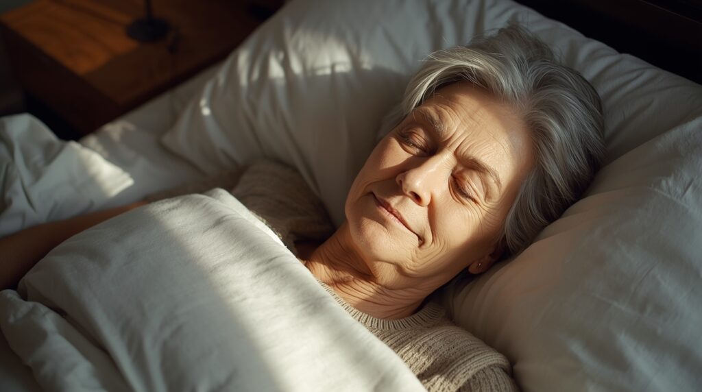 Senior woman sleeping peacefully in bed.