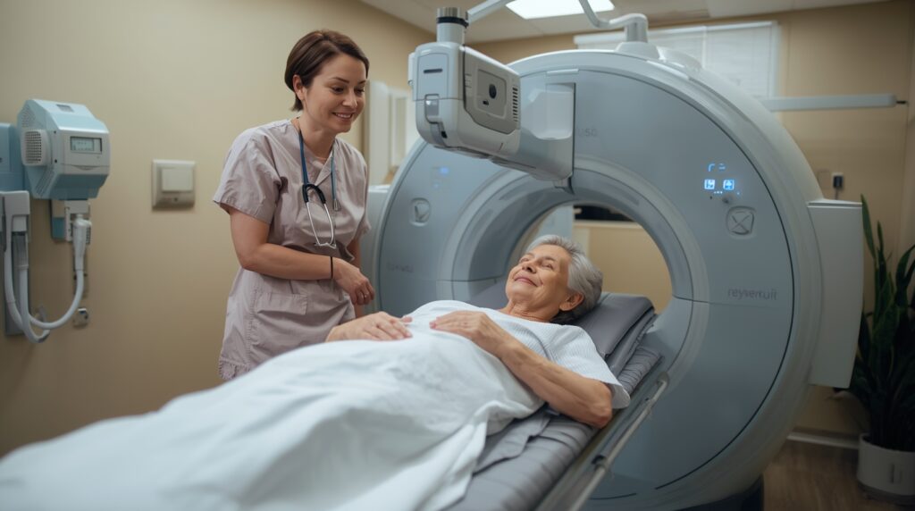 Senior woman getting a bone density scan in a US health clinic.
