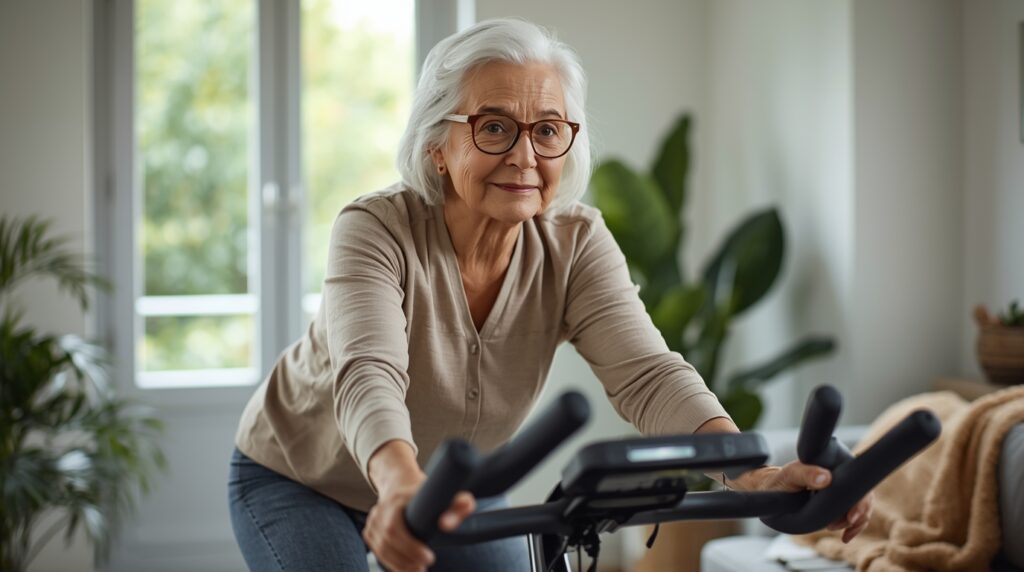 Senior woman cycling on a stationary bike at home.