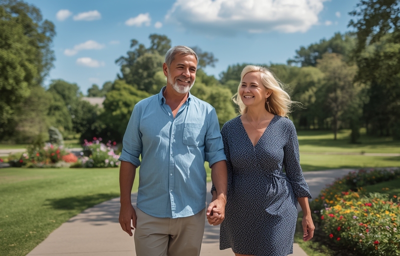 Happy senior couple walking together in a park during morning.”