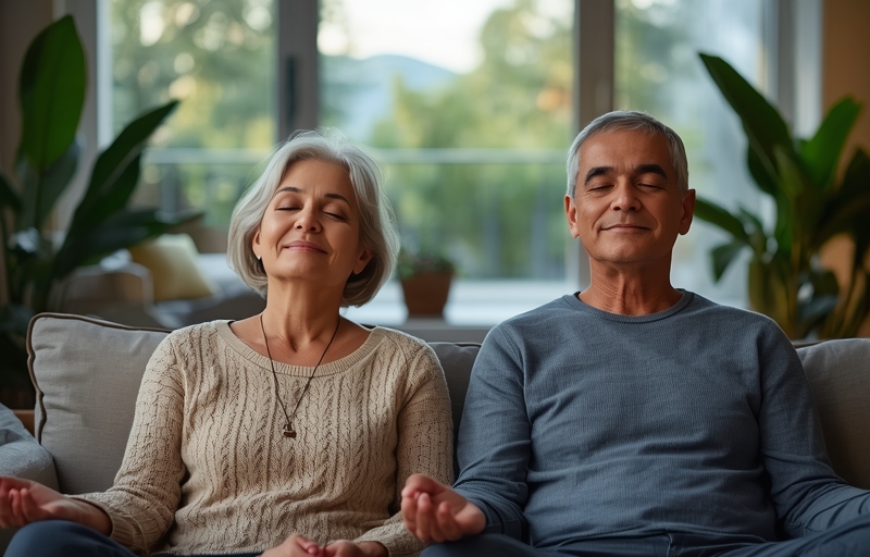 Senior couple meditating in living room with closed eyes.”
