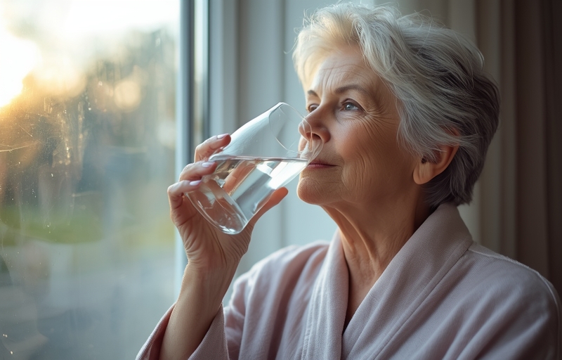 Senior woman drinking a glass of water in the morning near window.