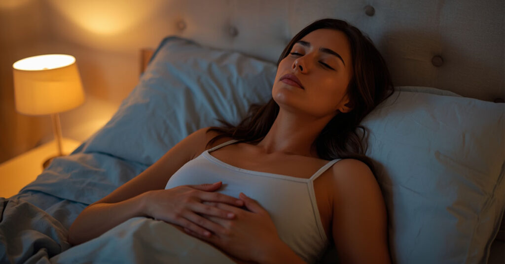 “Woman practicing deep breathing exercise in bed at night with soft light”