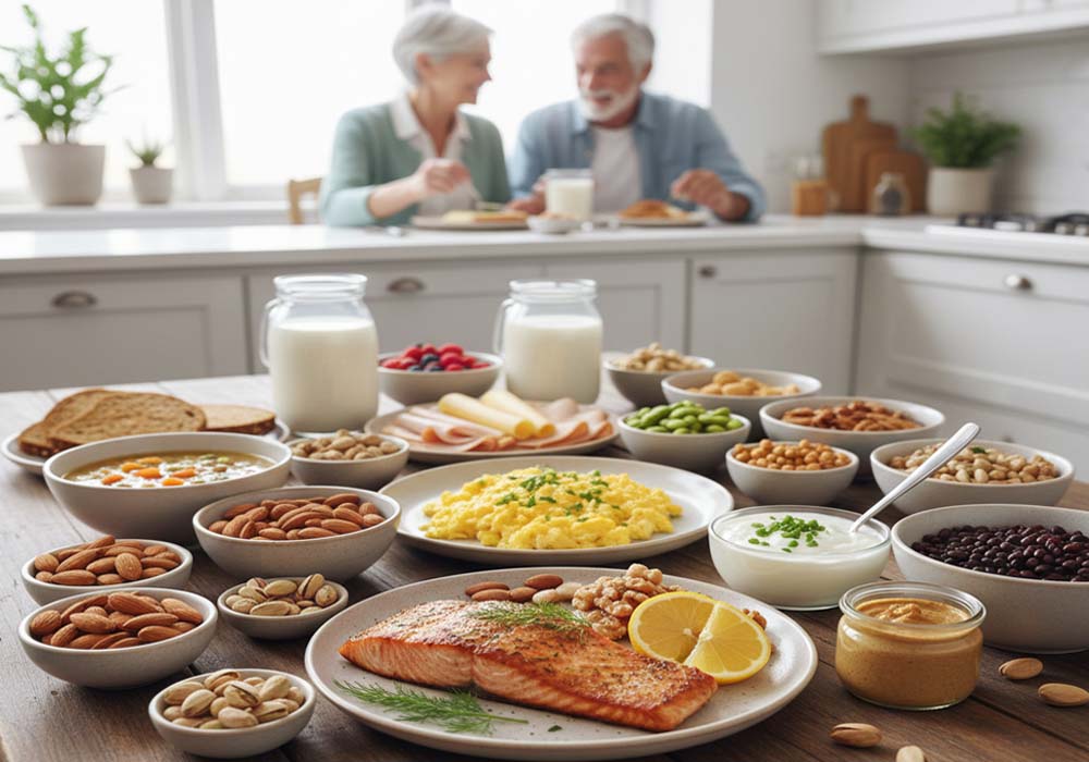 Healthy food variety including vegetables, fruits, nuts, and whole grains